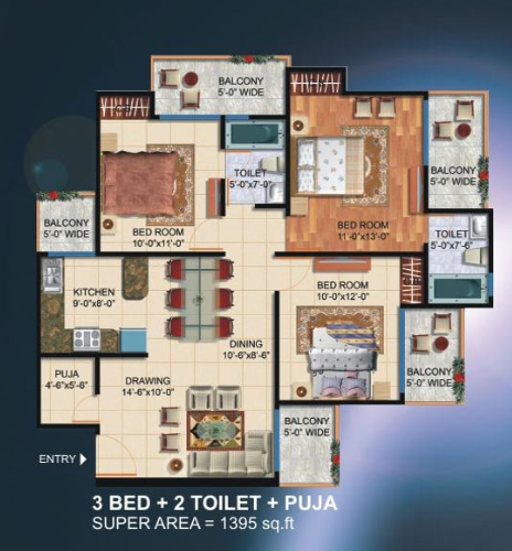 3 BHK with Puja Floor Plan